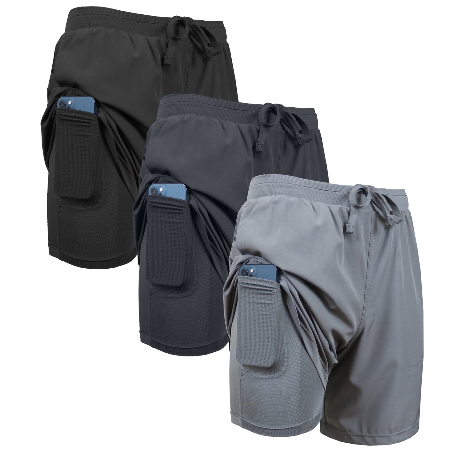3-Pack Men's 2 in 1 Stretch Active Quick Dry Gym Running Shorts With Liner