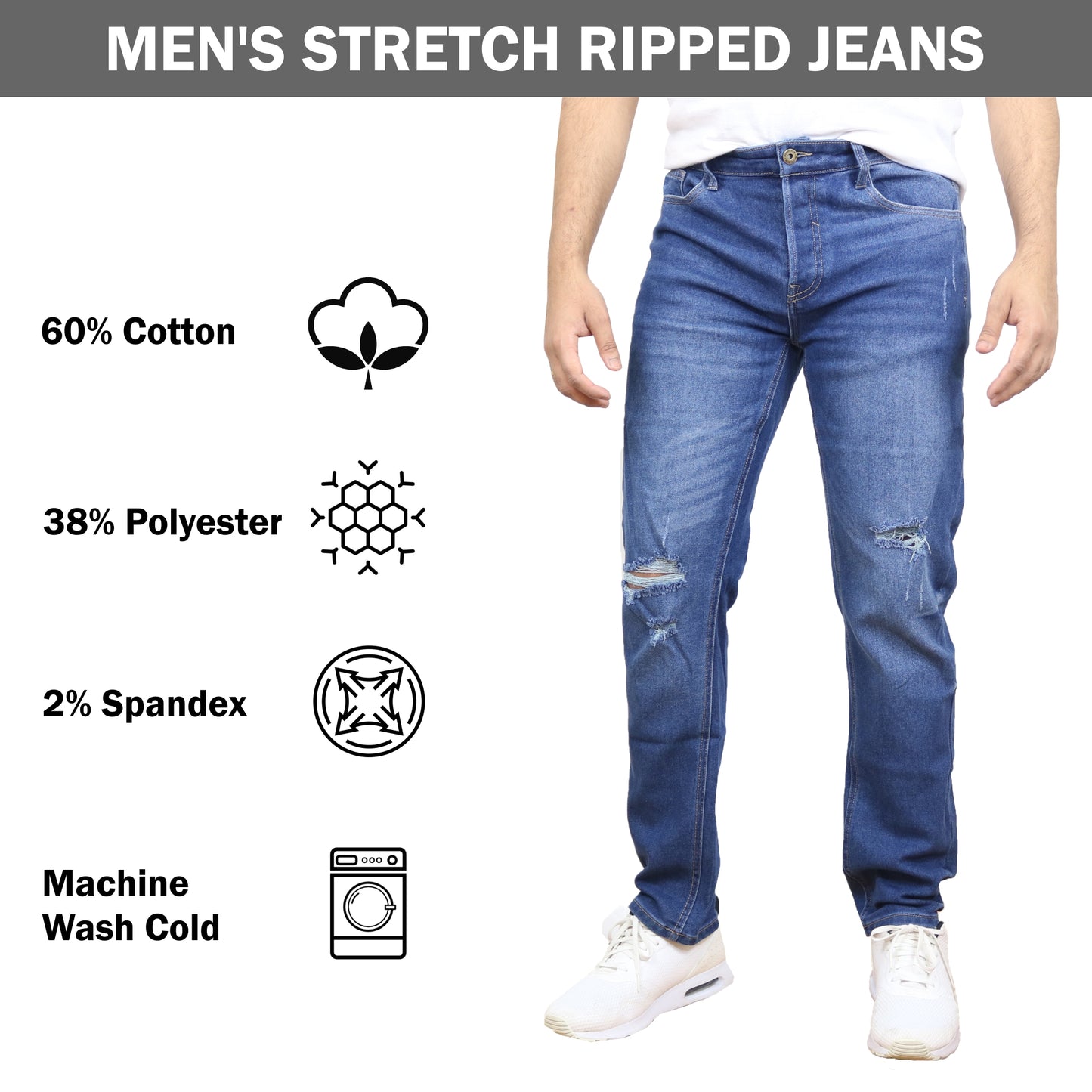 Men's Stretch Ripped Jeans - Authentic Denim Look with Flexibility & Comfort (Sizes: 30-42)