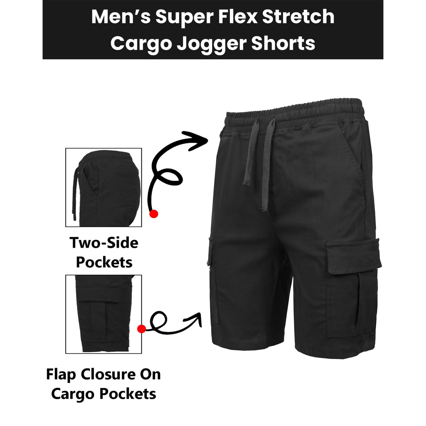 3-Pack Men’s Flex Cargo Shorts with Elastic Waistband and Drawstring – Comfortable Fit with 6 Pockets and Stretch Fabric (S-2XL)