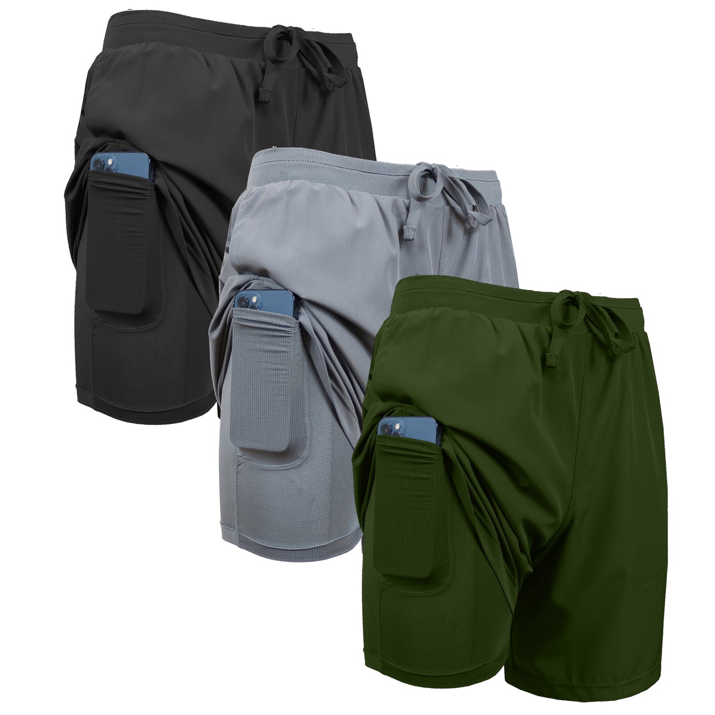 3-Pack Men's 2 in 1 Stretch Active Quick Dry Gym Running Shorts With Liner