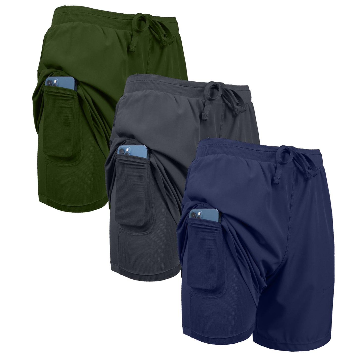3-Pack Men's 2 in 1 Stretch Active Quick Dry Gym Running Shorts With Liner
