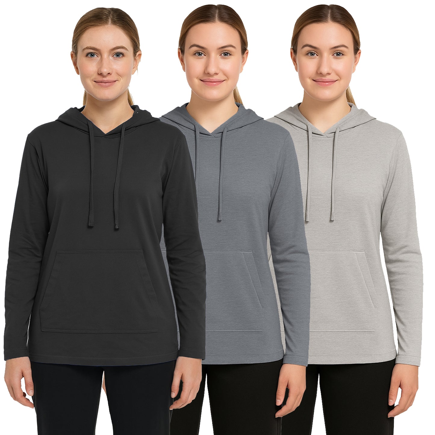 Women's 3-Pack Loose Fit Lightweight Long Sleeve Pullover Lounge Hoodi