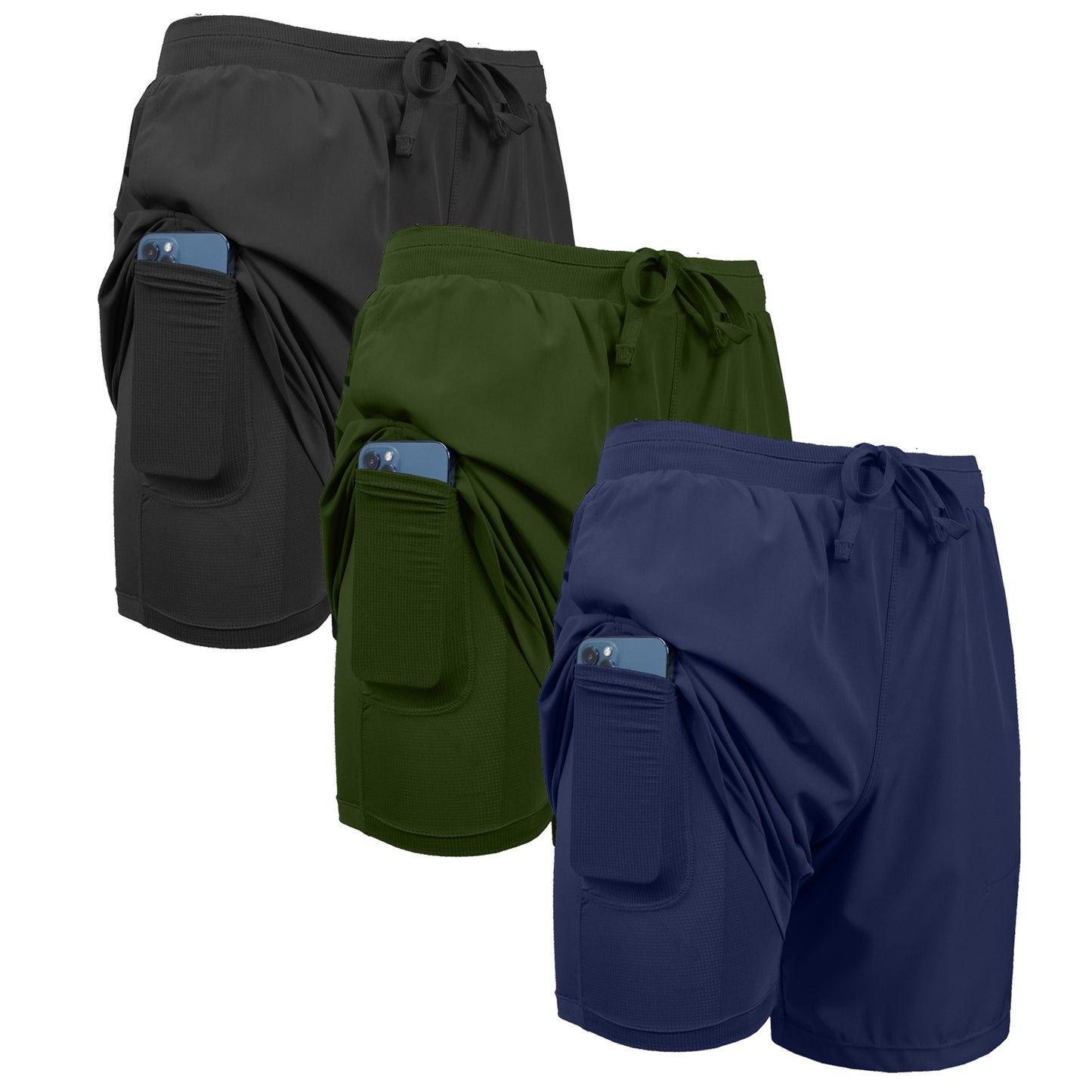 3-Pack Men's 2 in 1 Stretch Active Quick Dry Gym Running Shorts With Liner