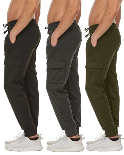 3-Pack Men's Slim Fit Fleece Jogger Sweatpants with Velcro Cargo Pockets (S-2XL)