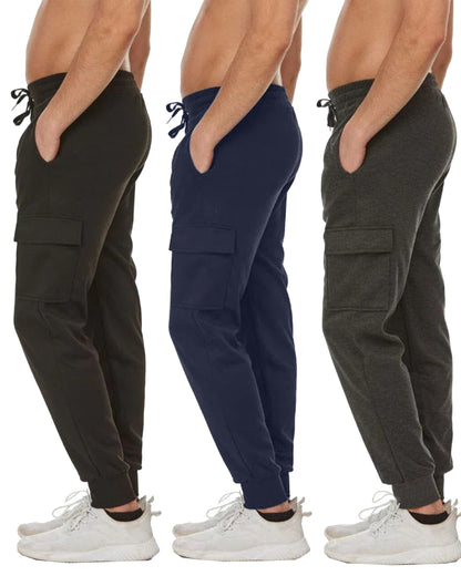 3-Pack Men's Slim Fit Fleece Jogger Sweatpants with Velcro Cargo Pockets (S-2XL)