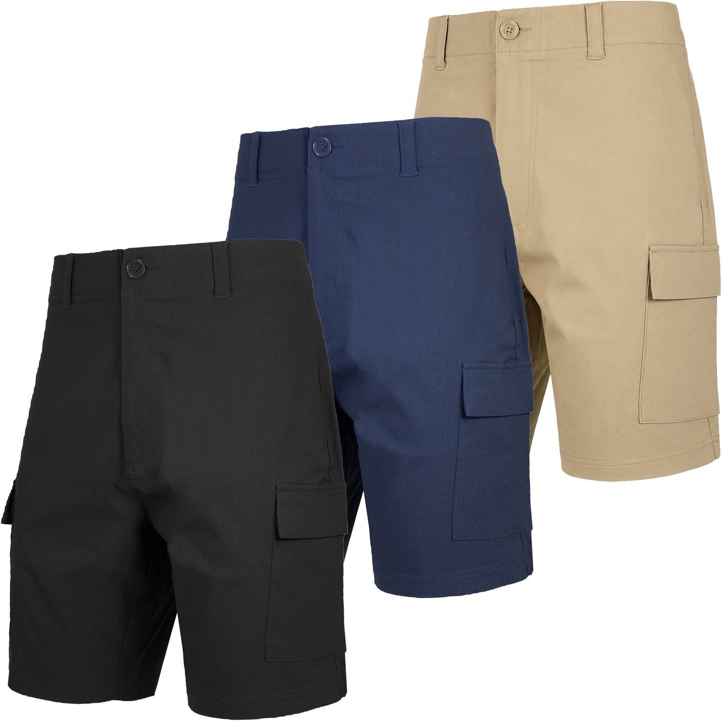 Men’s 3-Pack Super Stretch Cargo Shorts with Button Closure and Zipper Pockets (Sizes: 30-42)