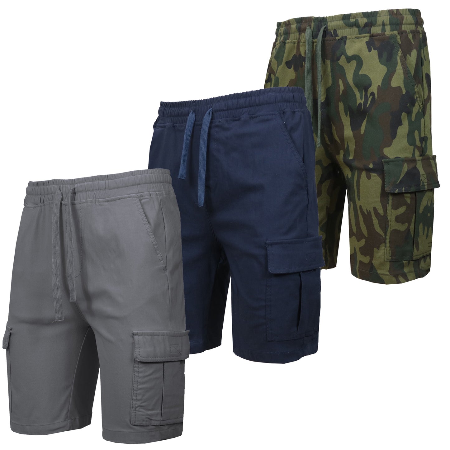 3-Pack Men’s Flex Cargo Shorts with Elastic Waistband and Drawstring – Comfortable Fit with 6 Pockets and Stretch Fabric (S-2XL)