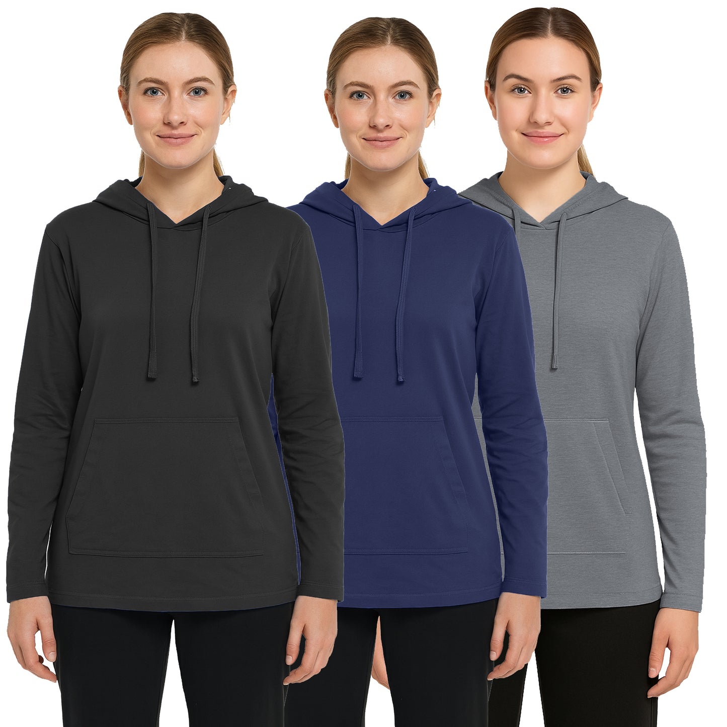 Women's 3-Pack Loose Fit Lightweight Long Sleeve Pullover Lounge Hoodi