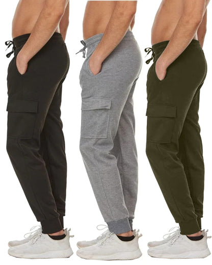3-Pack Men's Slim Fit Fleece Jogger Sweatpants with Velcro Cargo Pockets (S-2XL)