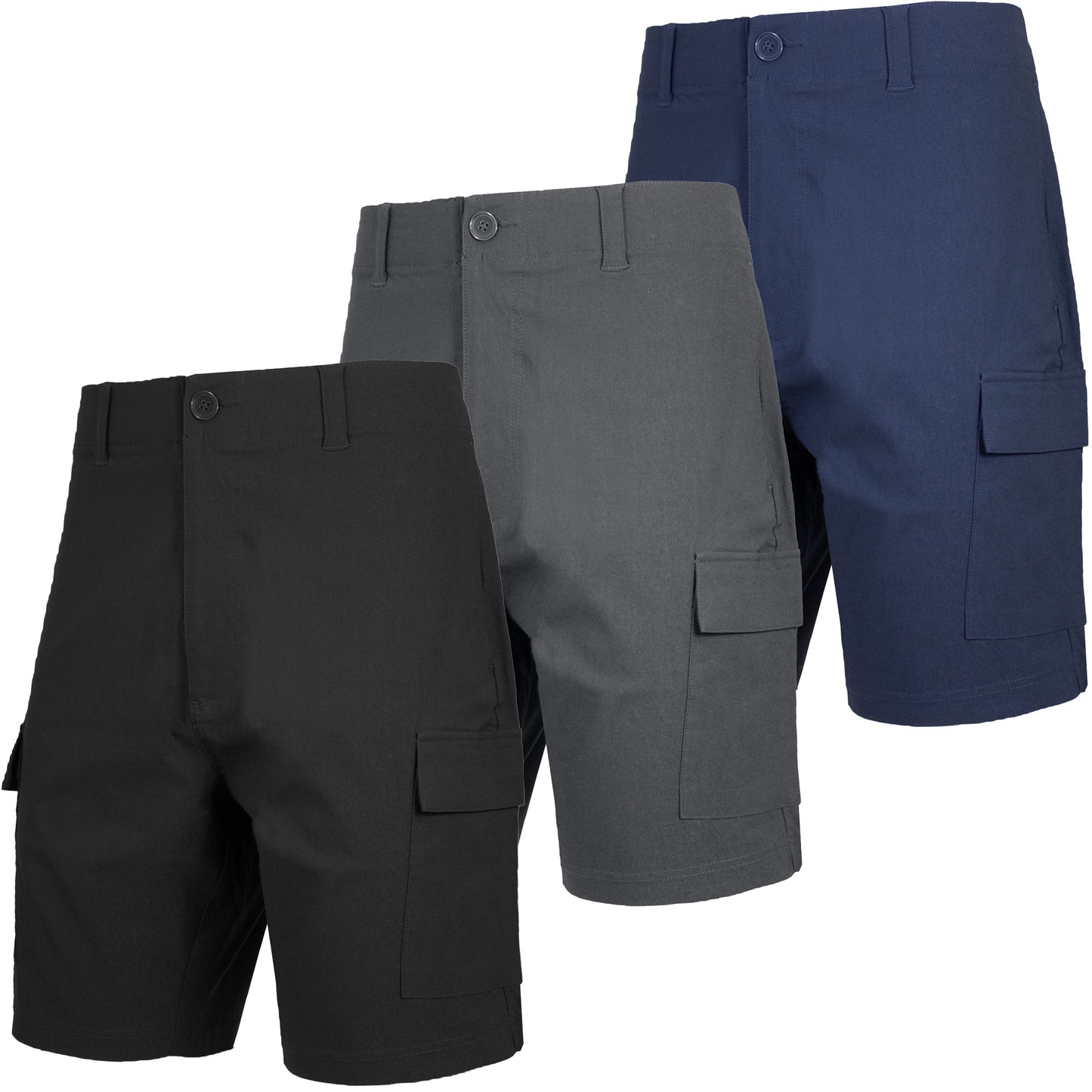 Men’s 3-Pack Super Stretch Cargo Shorts with Button Closure and Zipper Pockets (Sizes: 30-42)