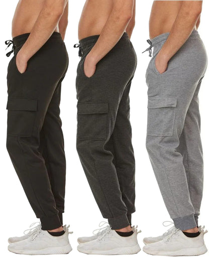 3-Pack Men's Slim Fit Fleece Jogger Sweatpants with Velcro Cargo Pockets (S-2XL)