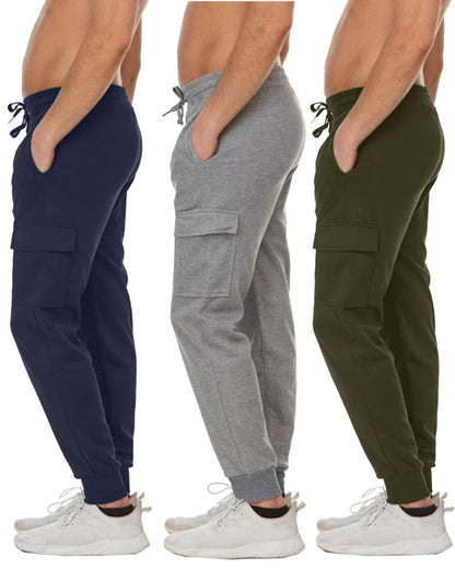 3-Pack Men's Slim Fit Fleece Jogger Sweatpants with Velcro Cargo Pockets (S-2XL)