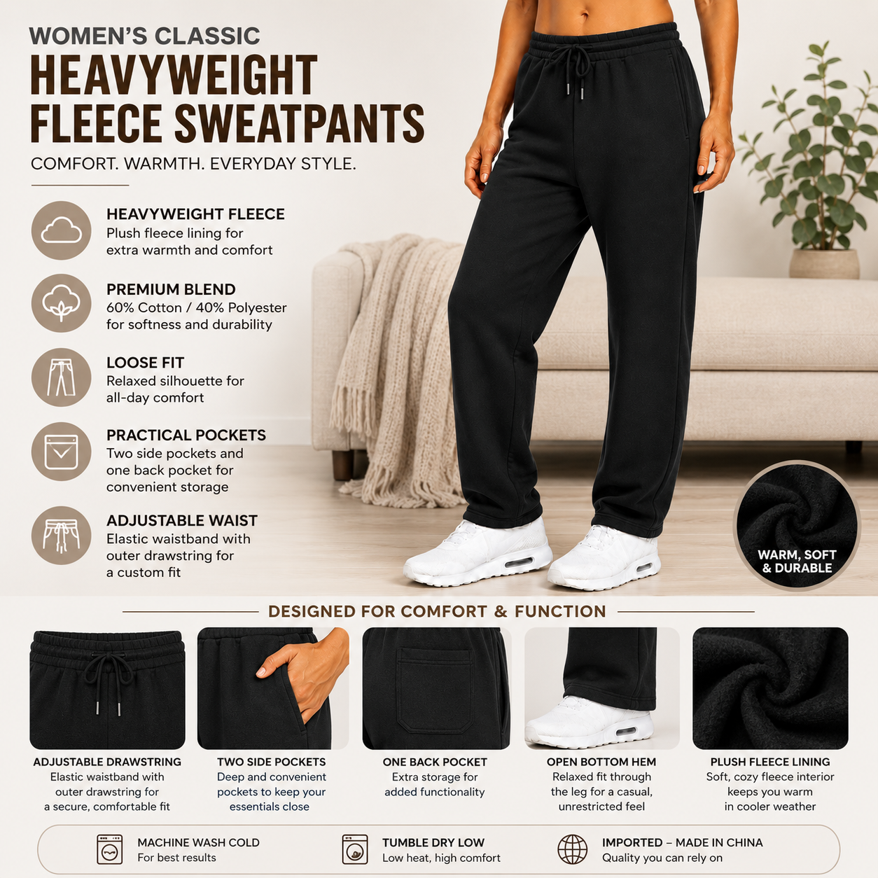 Women's Loose Fit  Classic Heavyweight Fleece Sweatpants with Open Bottom (S-3XL)
