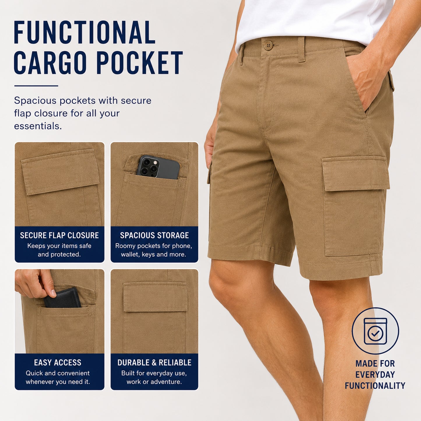 Men’s 3-Pack Super Stretch Cargo Shorts with Button Closure and Zipper Pockets (Sizes: 30-42)