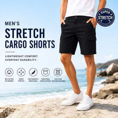 Men’s 3-Pack Super Stretch Cargo Shorts with Button Closure and Zipper Pockets (Sizes: 30-42)