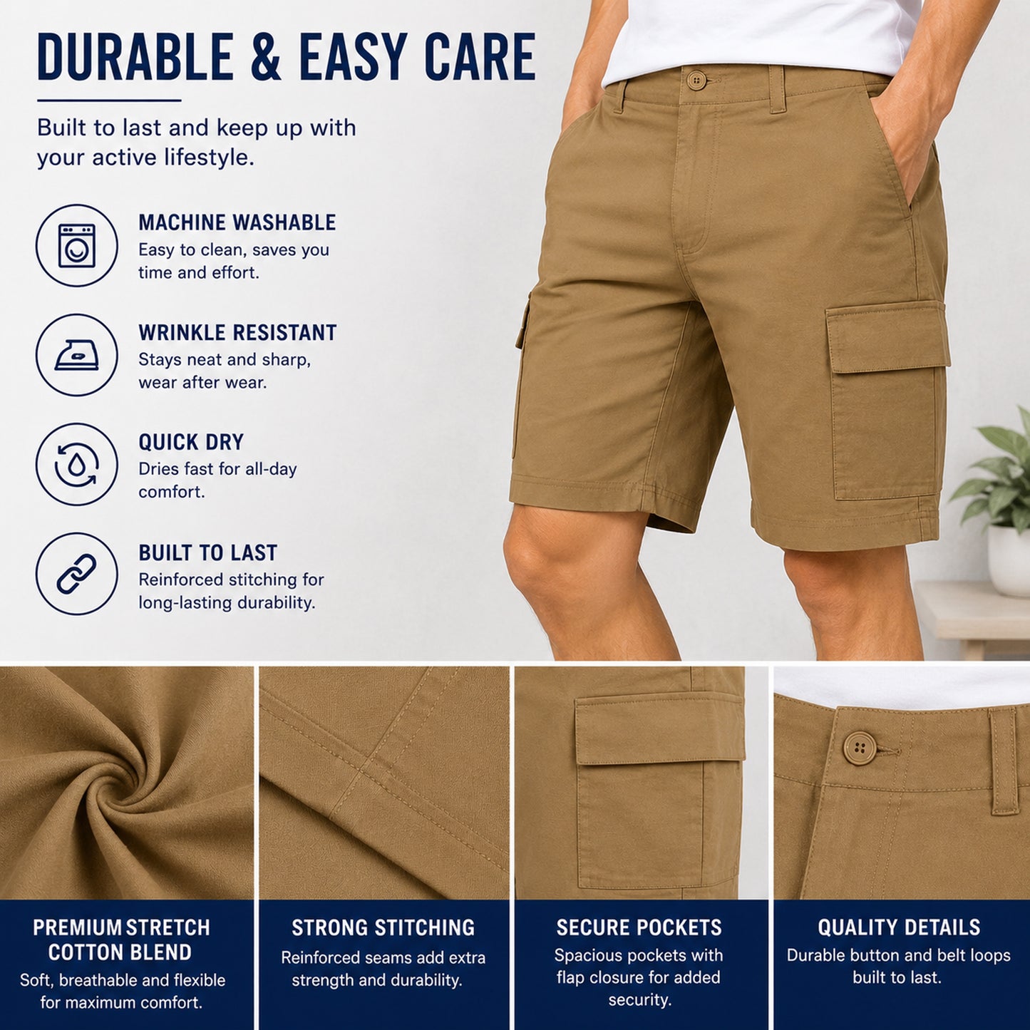 Men’s 3-Pack Super Stretch Cargo Shorts with Button Closure and Zipper Pockets (Sizes: 30-42)