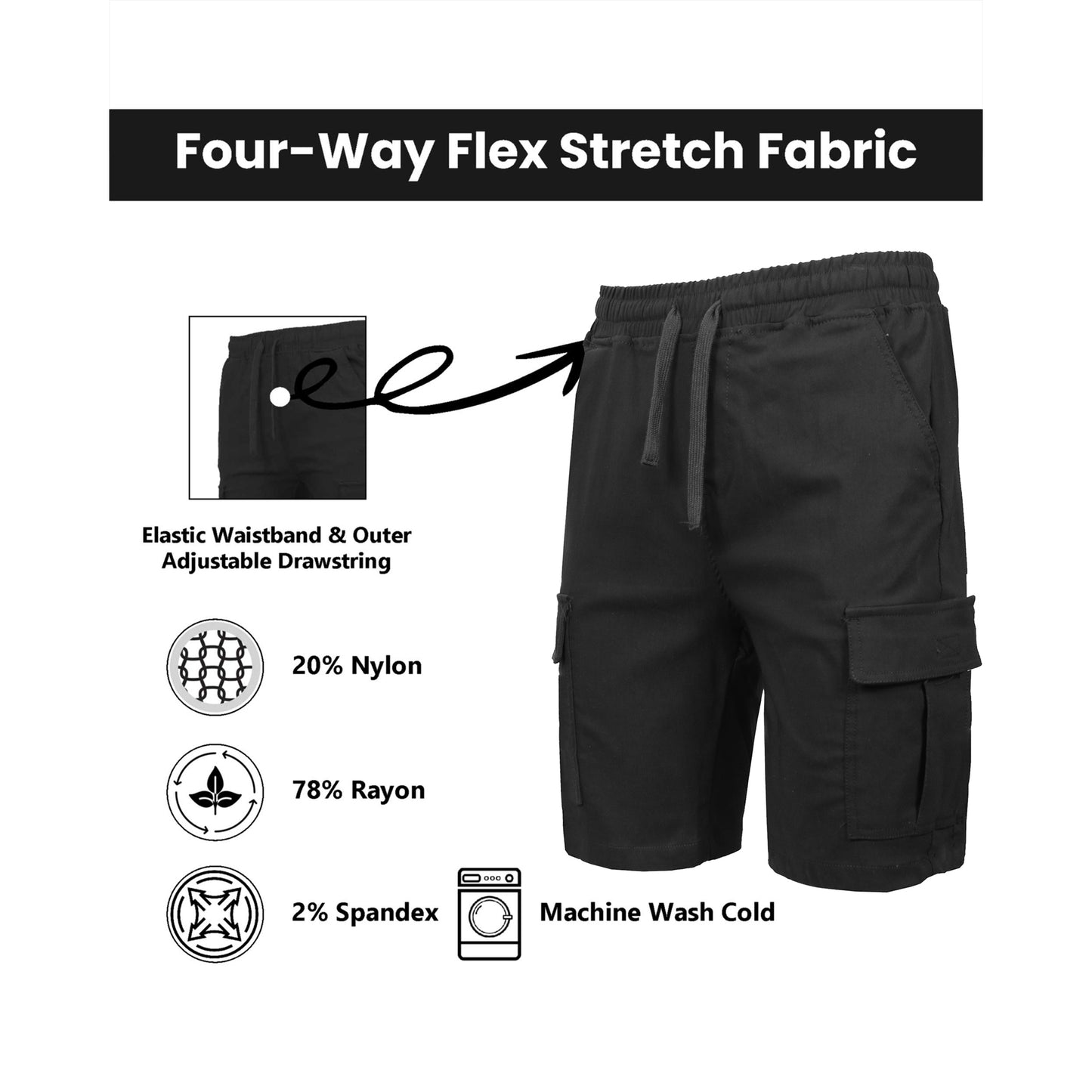 3-Pack Men’s Flex Cargo Shorts with Elastic Waistband and Drawstring – Comfortable Fit with 6 Pockets and Stretch Fabric (S-2XL)