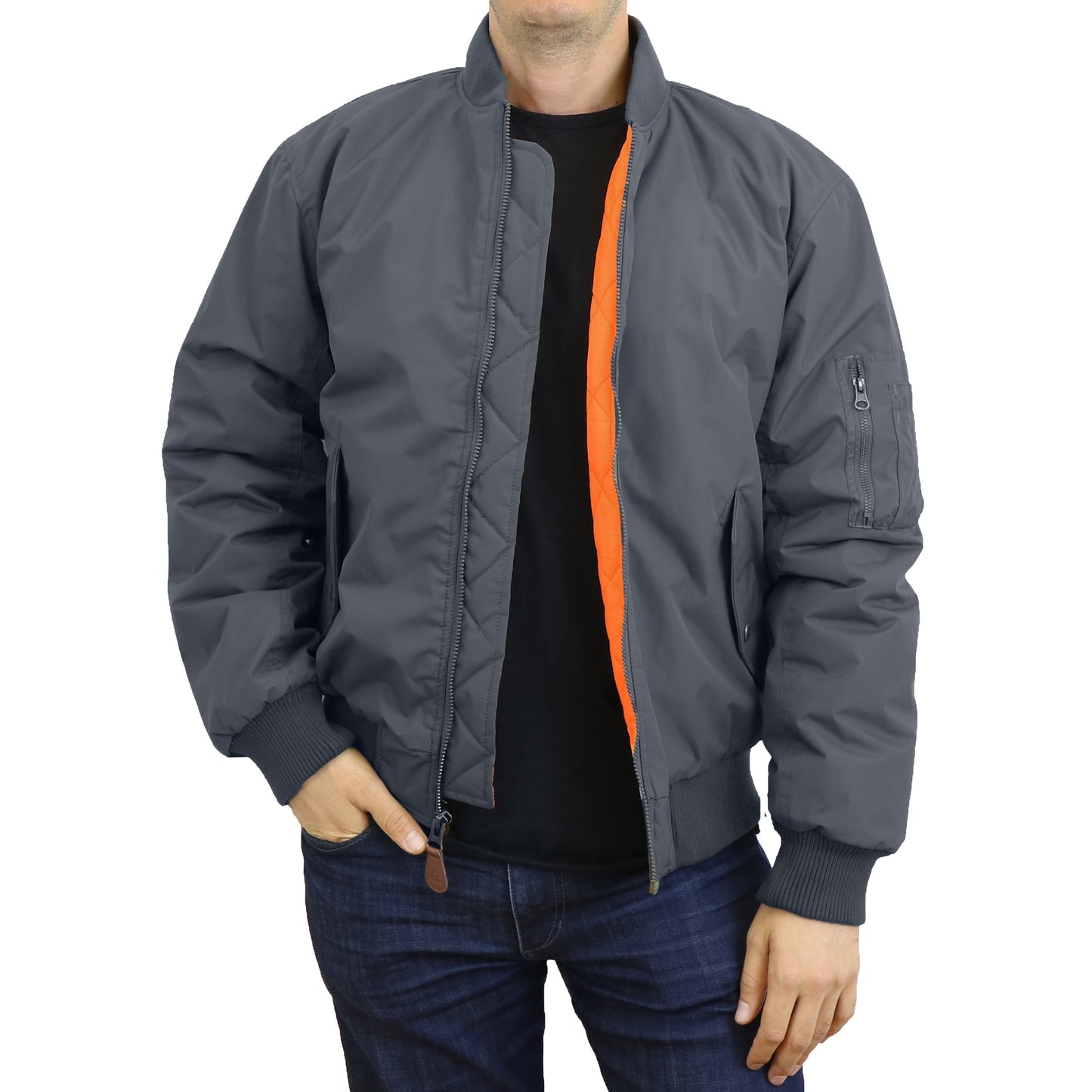 Men's Heavyweight MA-1 Bomber Flight Jacket - Classic Orange Lining, Water-Resistant, Ribbed Collar & Cuffs