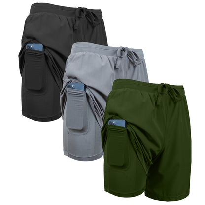 3-Pack Men's 2 in 1 Stretch Active Quick Dry Gym Running Shorts With Liner