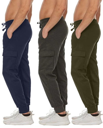 3-Pack Men's Slim Fit Fleece Jogger Sweatpants with Velcro Cargo Pockets (S-2XL)