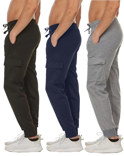 3-Pack Men's Slim Fit Fleece Jogger Sweatpants with Velcro Cargo Pockets (S-2XL)