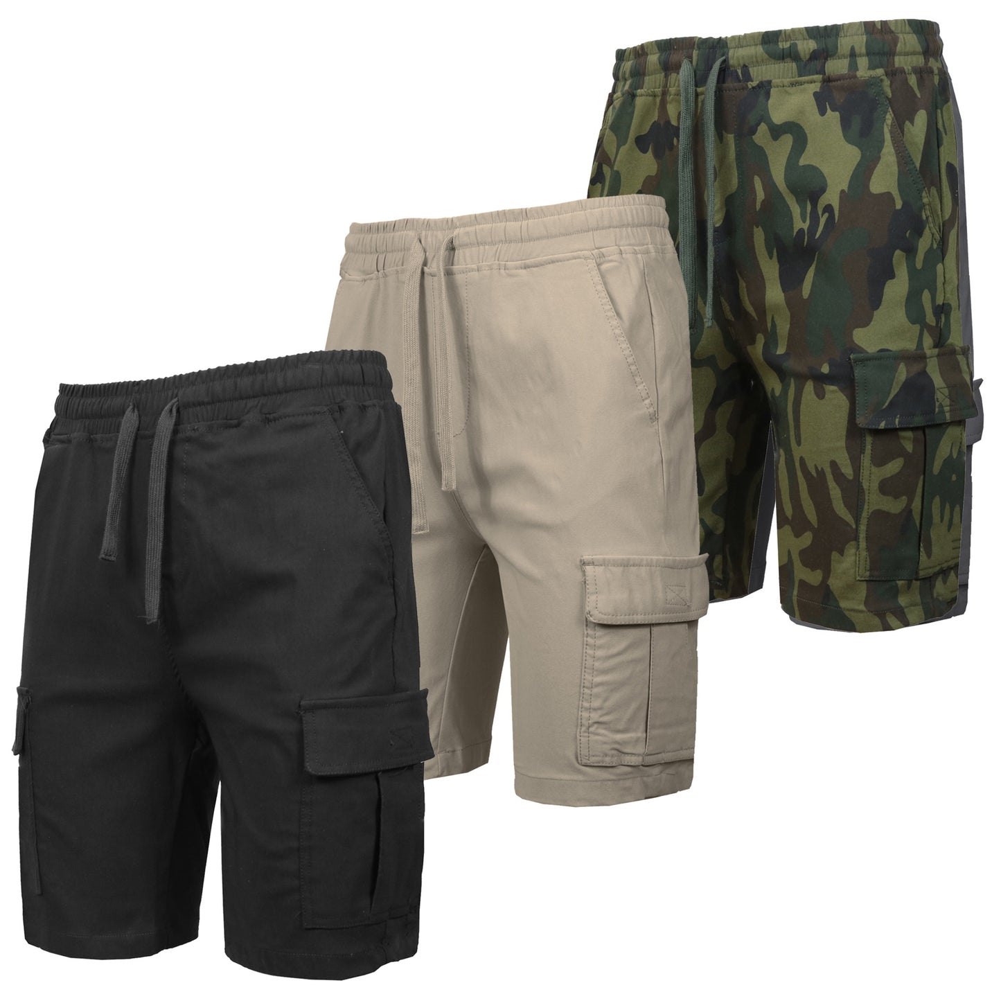 3-Pack Men’s Flex Cargo Shorts with Elastic Waistband and Drawstring – Comfortable Fit with 6 Pockets and Stretch Fabric (S-2XL)