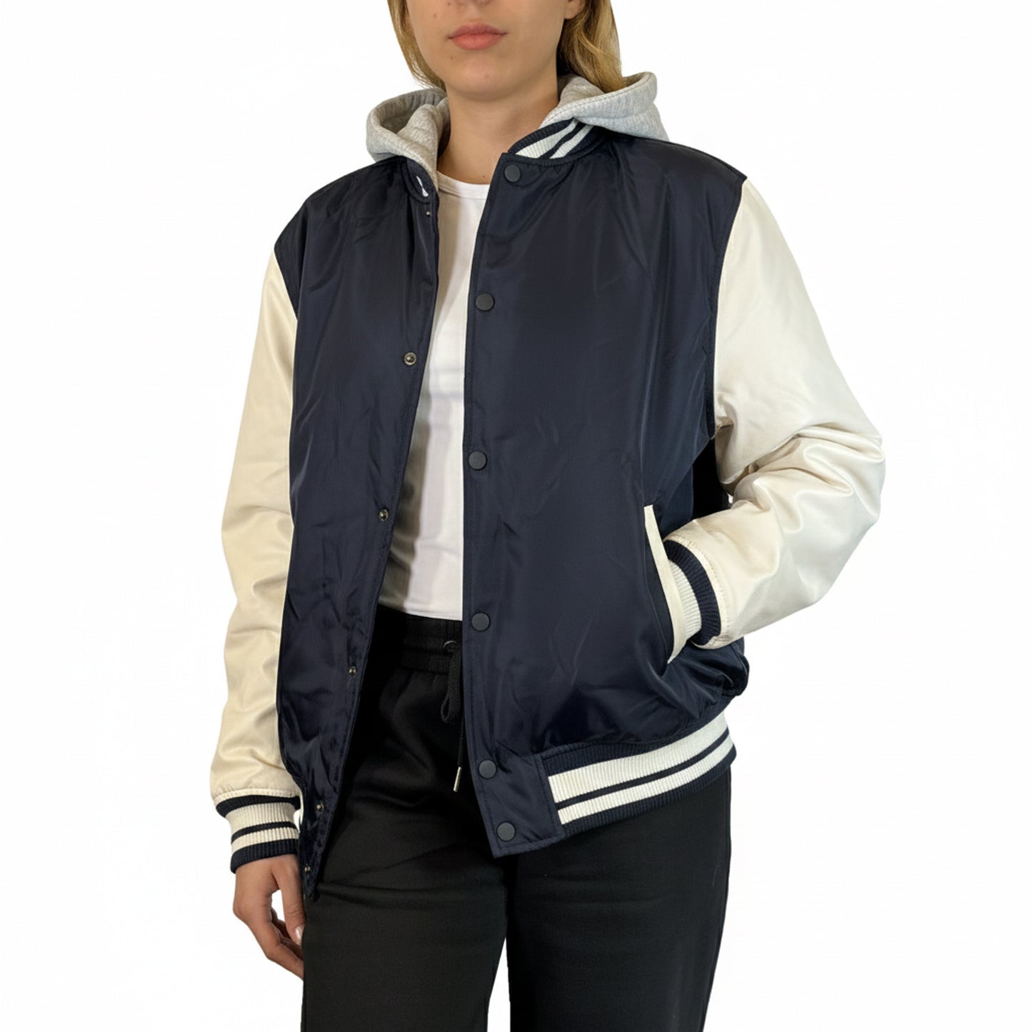Women’s Hooded Varsity Jacket w/ Detachable Hood