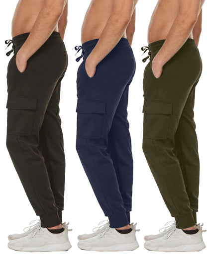 3-Pack Men's Slim Fit Fleece Jogger Sweatpants with Velcro Cargo Pockets (S-2XL)
