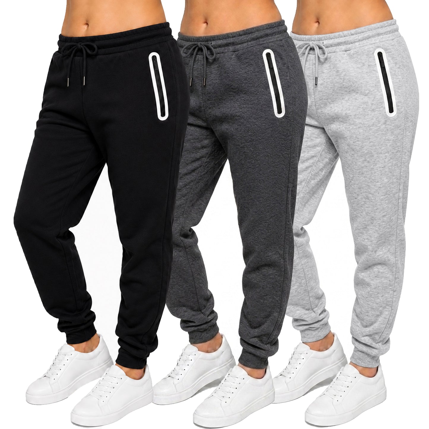 3-Pack Women's Loose-Fit Fleece-Lined Jogger With Heat Seal Zipper Side Pockets