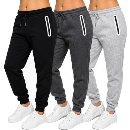 3-Pack Women's Loose-Fit Fleece-Lined Jogger With Heat Seal Zipper Side Pockets