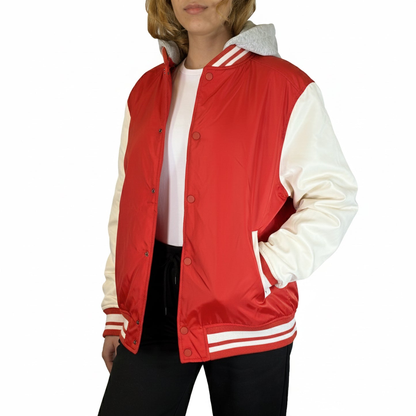 Women’s Hooded Varsity Jacket w/ Detachable Hood