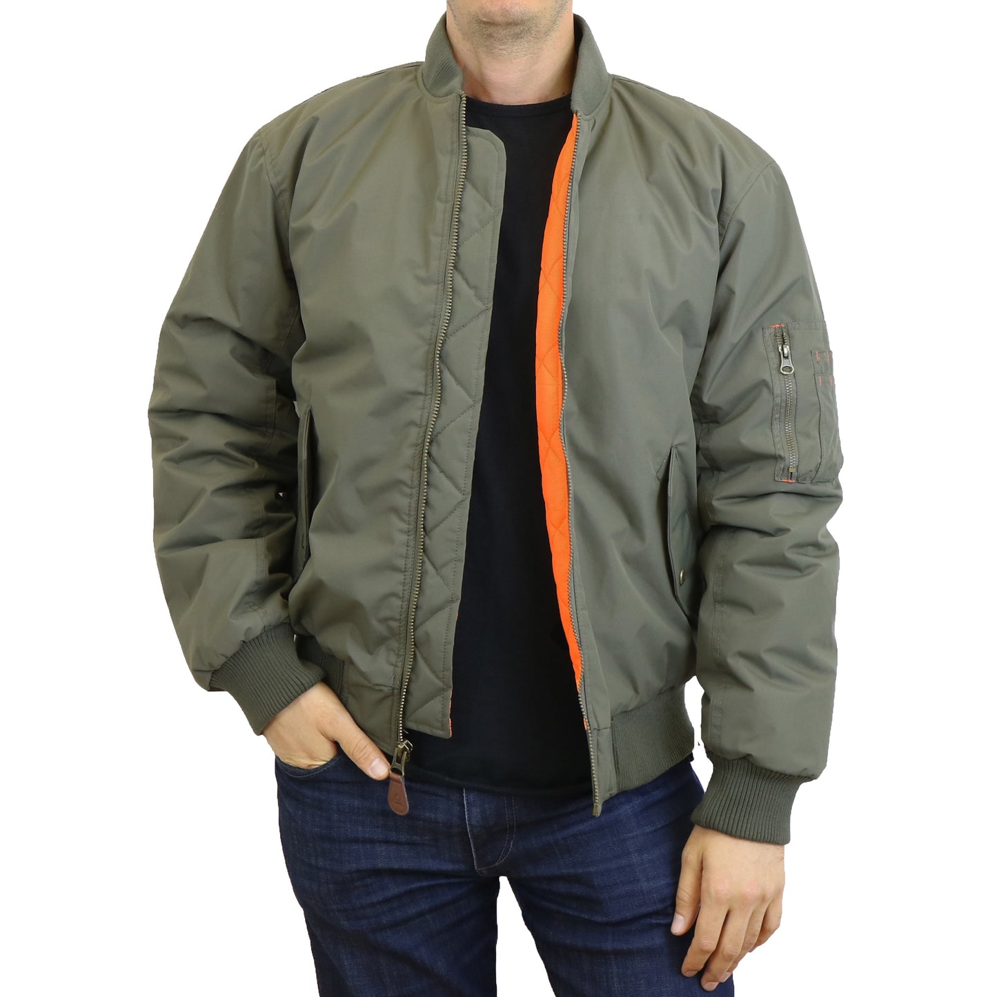 Men's Heavyweight MA-1 Bomber Flight Jacket - Classic Orange Lining, Water-Resistant, Ribbed Collar & Cuffs