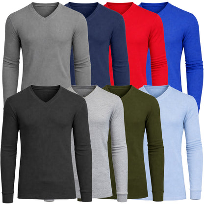Men’s Long Sleeve Waffle Knit Thermal Shirt – V-Neck, Modern Fit, Warm Layering Top