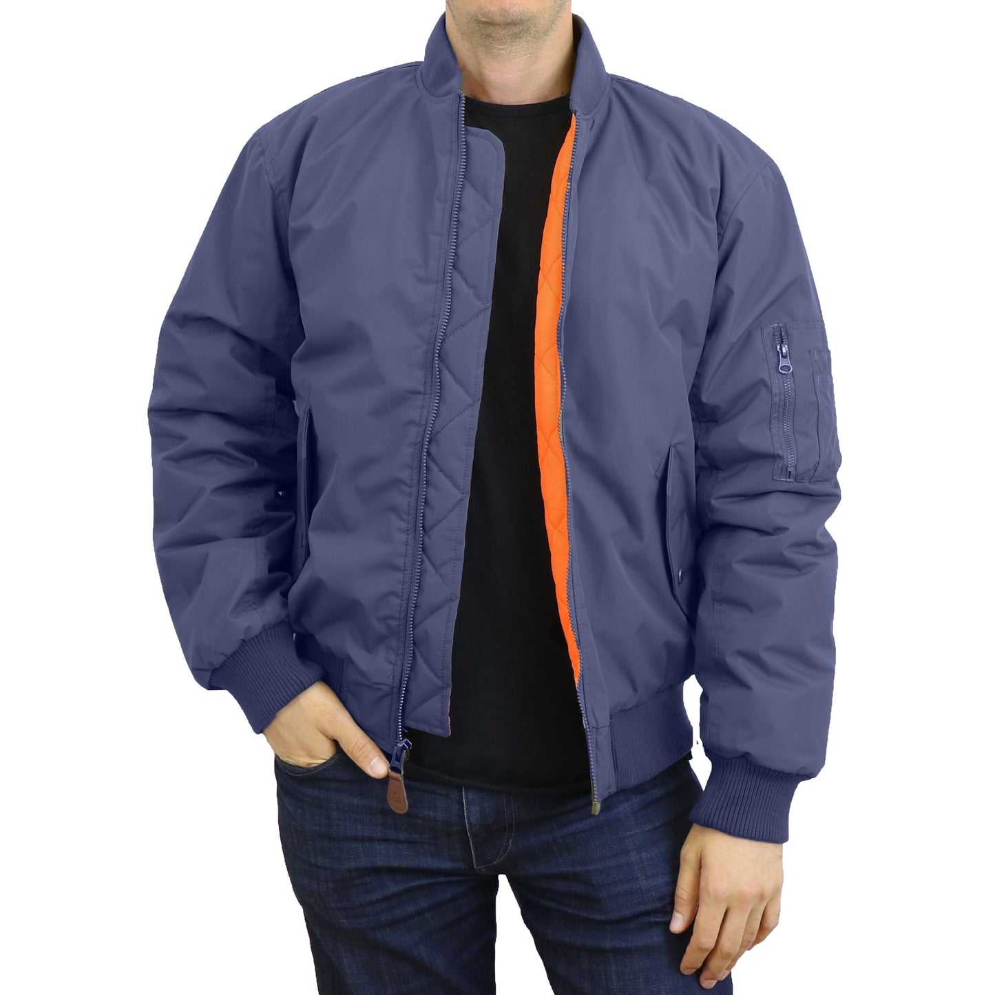 Men's Heavyweight MA-1 Bomber Flight Jacket - Classic Orange Lining, Water-Resistant, Ribbed Collar & Cuffs